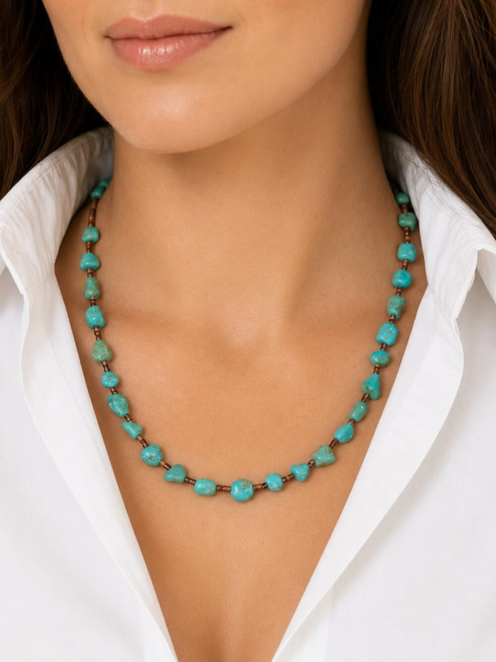 19" Turquoise Nugget & Shell Bead Necklace New and Handmade